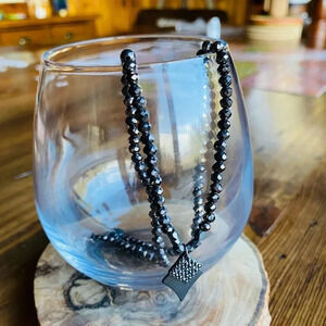 Marlyn Schiff Crystal Beaded Necklace with Diamond Shaped Pave Stone Charm